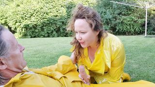 Cougar giving bj clothed into yellow LATEX Mac and Hunter boots