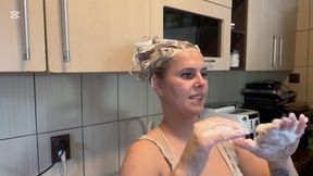 Hair Wash with Dishwasher Liquid in Kitchen Sink