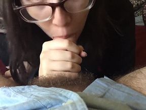 Nerdy goth teen sucks cock