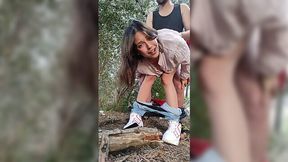 Brunette cutie meets a stranger in the woods for intense outdoor blowjob and rough doggystyle