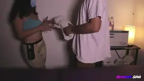 Sexy Chubby MILF masseuse gives deep suck and erupts on him