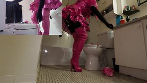 Self bondage 2 litre enema hand cuffed to toilet in chastity and gagged