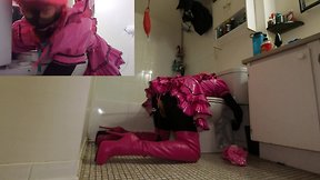 Self bondage 2 litre enema hand cuffed to toilet in chastity and gagged