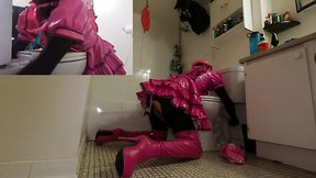 Self bondage 2 litre enema hand cuffed to toilet in chastity and gagged