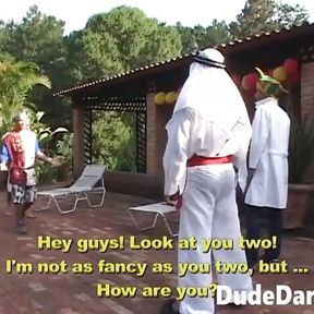 Horny gay dudes banging at a gay costume party in the backyard