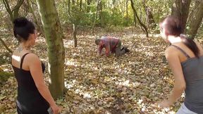 Training their old pet slave in the forest