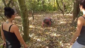Training their old pet slave in the forest