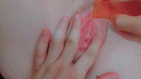 measuring every inch of her tight pussy and opening it tightly