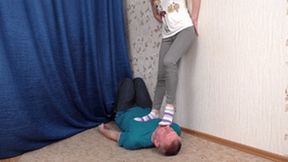Girl in socks walks on man`s pathetic face like it is pavement, vf1725x 1080p