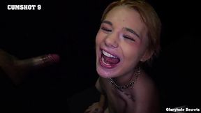 Cute blonde Chloe Knox kneels in front of glory hole wanting to swallow as many cocks as possible.