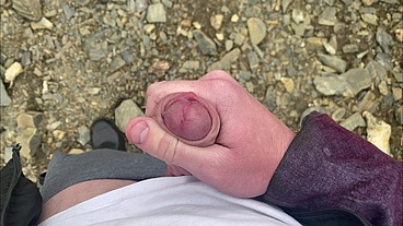 I jerk off a flaccid dick and cum on a mountain lake in nature! POV!
