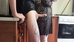 Stepson fucks me in the mouth in the kitchen and feeds me cum