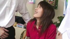 ”Japanese Teen Blowjob Two Prick with white panty”