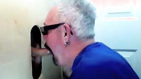 ”Two buddies drop by to a glory hole to be sucked by a mouth”