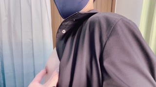 A perverted Japanese boy wears a coat over his naked body and squeezes his nipples ♡