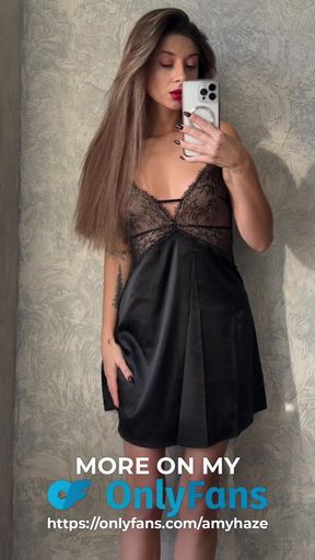 A pretty brunette try on haul sexy transparent dress