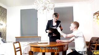 TUTOR4K. mom wearing official suit makes younger dude go filthy about fucking