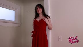 TGIRLPOSTOP Trans Woman Happily Touches Herself on Gray Fur Stool with a Big Smile