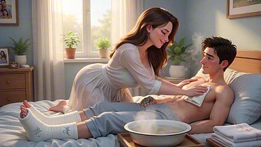 Curvy Mature Nurse Gives Caring Bath To Young Injured Man After Motorcycle Accident In Hospital (AI generated)