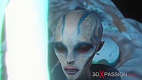 Alien sex. Spacewoman in spacesuit plays with alien on the exoplanet