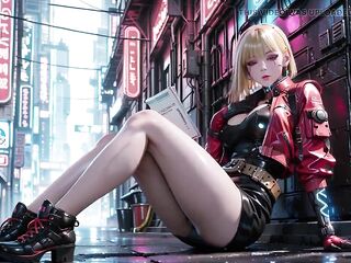 Red Leather Jacket Glistening Beneath Neon Rain, Kneeling Pose That Breaks the Armor
