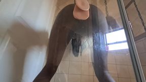 Tattooed Desi Suction Cup Dildo Shower Door Pussy Masturbation