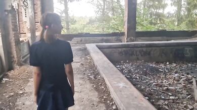 Public femdom mistress destroys slave with strapon in abandoned building