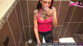 Dirty bathroom BJ with a German femme fatale