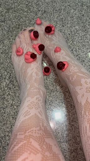 Playing with a whipped cream with my legs in white stockings