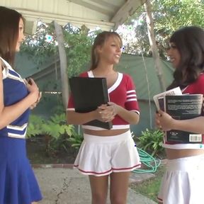 Fake boobs lesbian cheerleaders end up having a hot threesome with their tongues twirling around