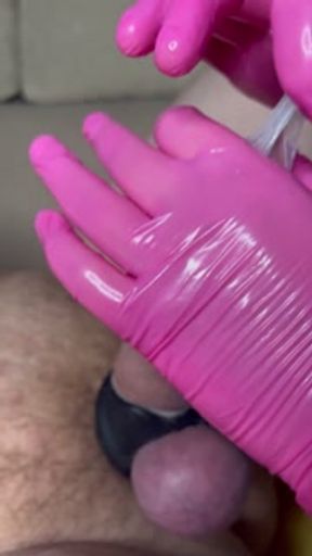 My Stepsister do handjob with condom and gloves