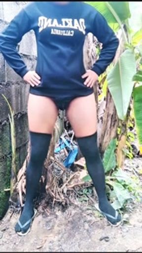 Hairy Babe Striking a pose while Standing Piss outside