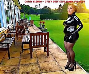 Cathy Golf Course Slut Shiny PVC Plastic Skirt High Heels Stocking Slut Granny Outdoors In Public on The Golf Club Patio In A Plastic Shiny PVC Costume Clothing And High Heels Porn