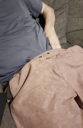 Man with thick uncut cock struggles with premature ejaculation while jerking off