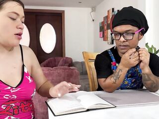 Little dwarf gets banged by his preggy Latin chick stepsister in swap for helping her with her homework, ends up having coarse sex with her hard, thick dick in his constricted booty until that guy fills it with his rich goo.