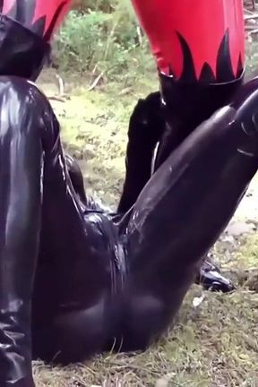Femdom Humiliation Outdoor: Latex Mistress and Rubber Submissive