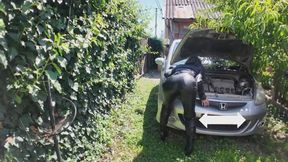 girl in total leather look will give you a drive m4