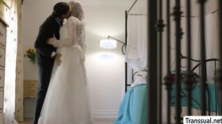 TS bride and bridesmaid fucked by groom