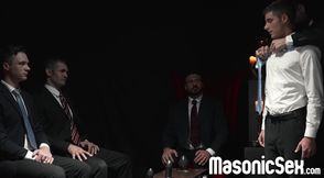 Marco Napoli barebacks newbie Cole Blue in front of the other masters