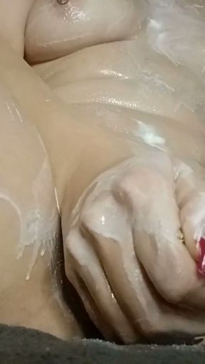 Whippes cream all over my body while playing with huge cucumber   Clip 1
