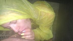 slutty blonde deep suck in raincoat and facial