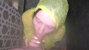 slutty blonde deep suck in raincoat and facial