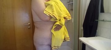Drying naked in front of the mirror and bending down - POV Style