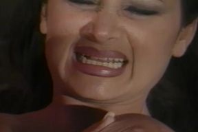Two lesbian babes shearing dildo in vintage show