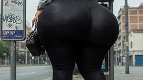 "Masked BBW Changes from Black Leggings to Tiny Thong at Public Bus Stop"