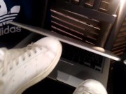 Apple laptop worships Adidas Stan Smith sneakers, white socks, boy's feet fetish, twink's legs