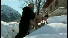 sabrina sweet gives masked man a deepthroat blowjob outdoors in snow