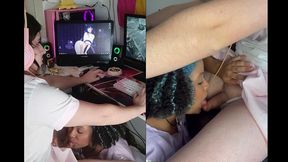 trans girl getting a blowjob while playing games