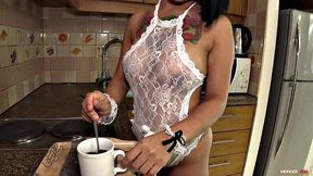 Big-titted Bangmaid serves coffee, then serves my cock