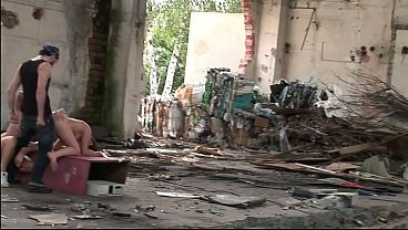 Two blondes ass fucked in an abandoned warehouse